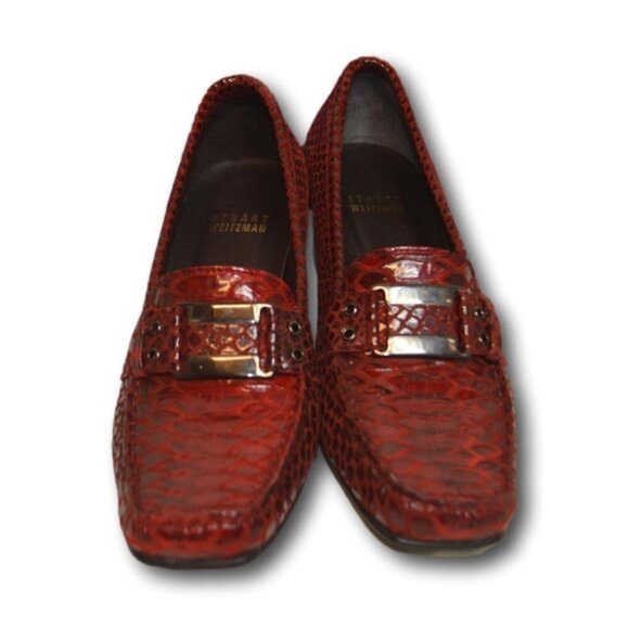 Stuart Weitzman Loafer Heel Pumps Snake Print Red Leather Womens US 7.5 M - Picture 1 of 8
